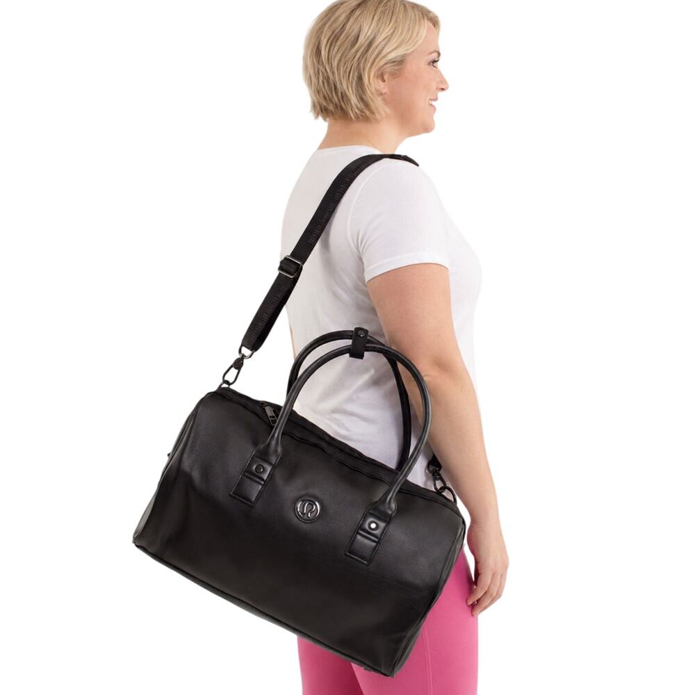 Lululemon Daily Om Duffle Bag Black Faux Leather Floral Lined Interior